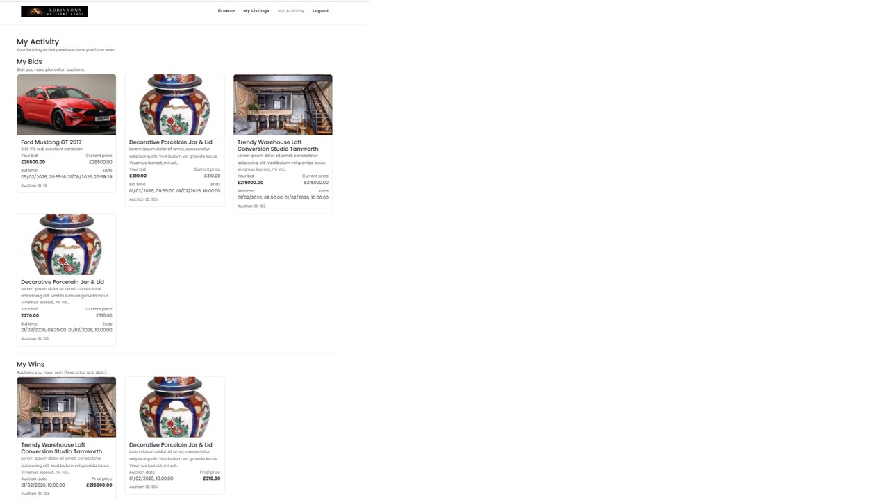 Buyers bids & winning bids screenshot